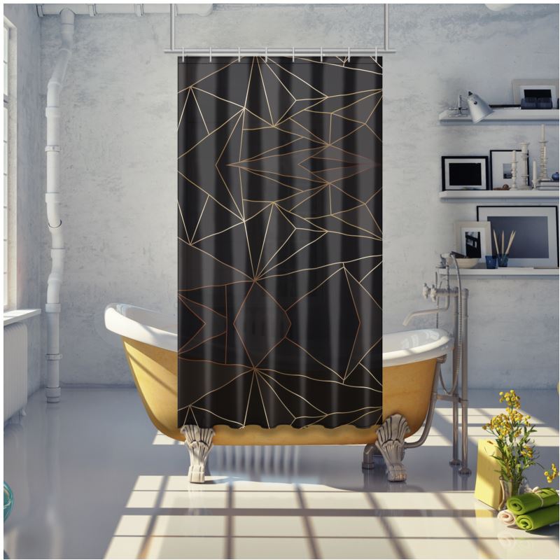 Abstract Black Polygon with Gold Line Shower Curtain by The Photo Access