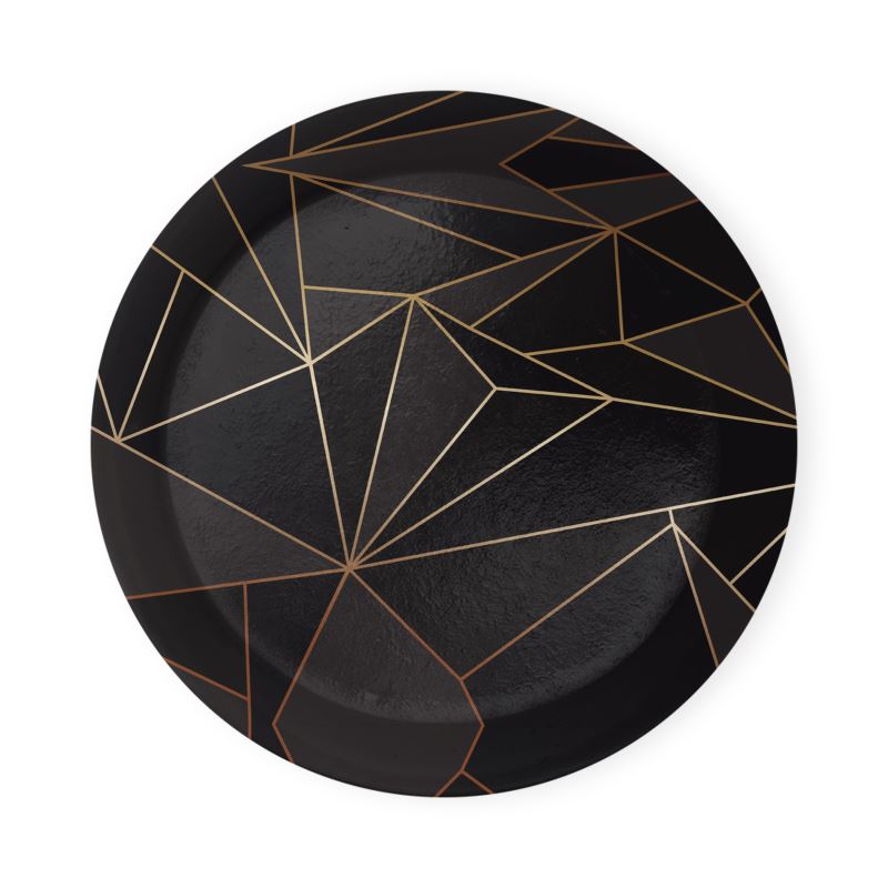 Abstract Black Polygon with Gold Line Round Coaster Trays by The Photo Access