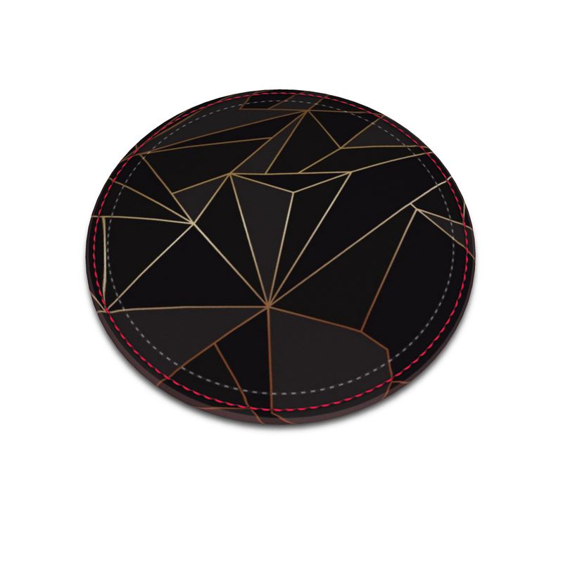 Abstract Black Polygon with Gold Line Leather Coasters by The Photo Access