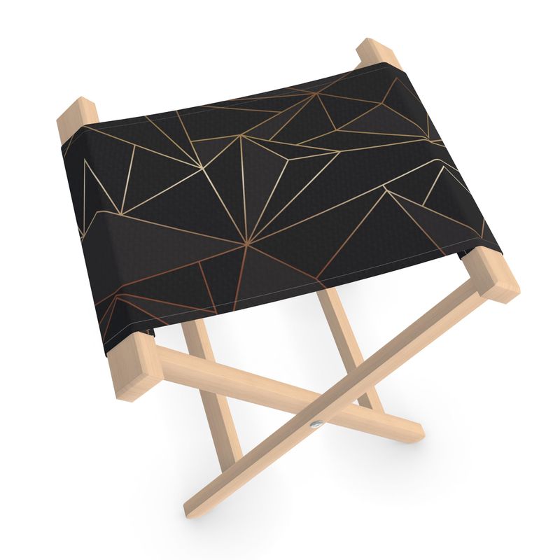 Abstract Black Polygon with Gold Line Folding Stool Chair by The Photo Access