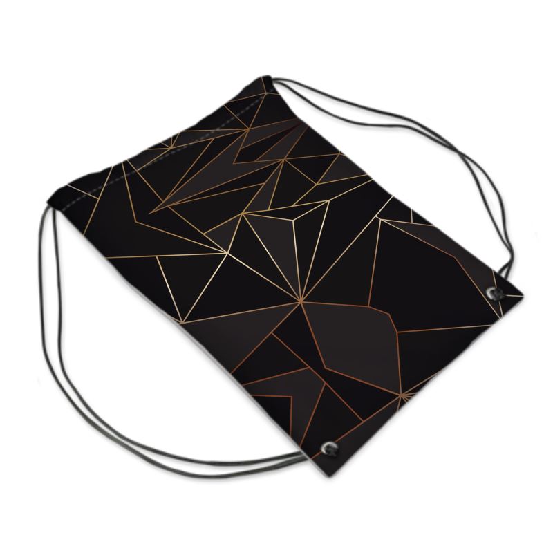 Abstract Black Polygon with Gold Line Drawstring PE Bag by The Photo Access