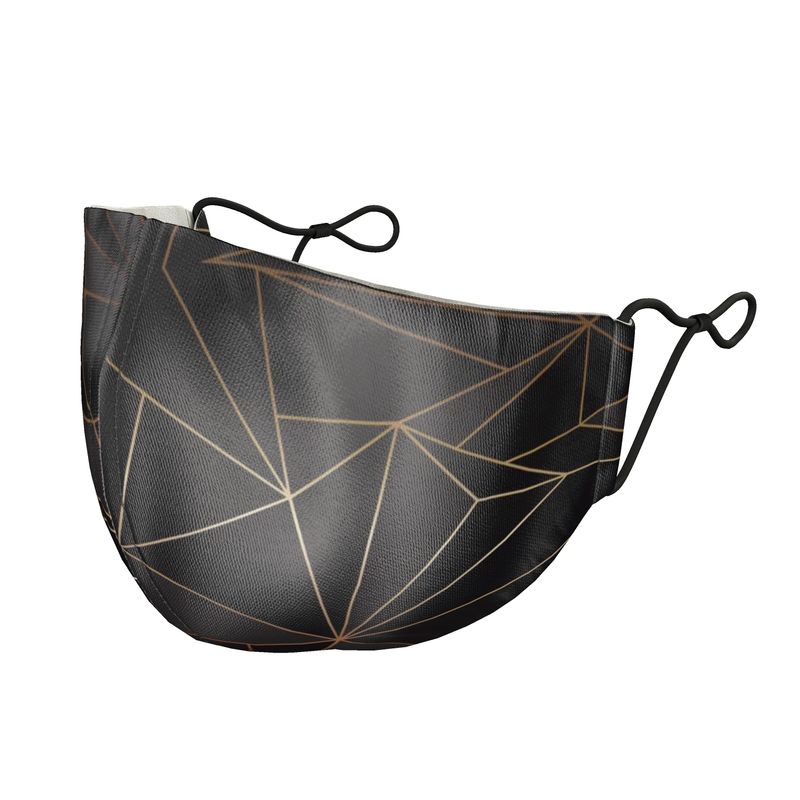 Abstract Black Polygon with Gold Line Silk Face Masks by The Photo Access