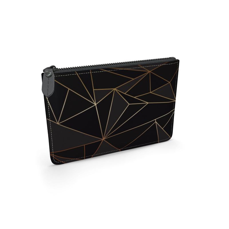 Abstract Black Polygon with Gold Line Leather Pouch by The Photo Access