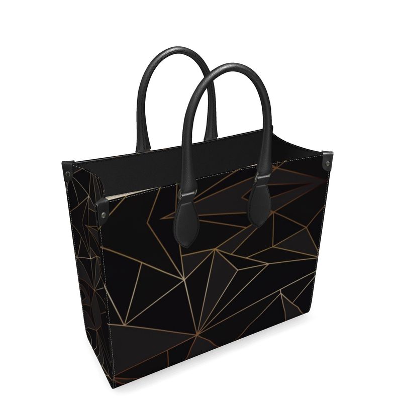 Abstract Black Polygon with Gold Line Leather Shopper Bag by The Photo Access