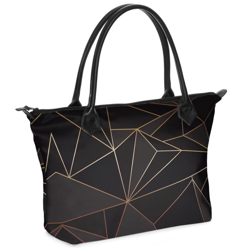 Abstract Black Polygon with Gold Line Zip Top Handbags by The Photo Access