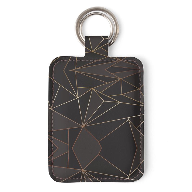 Abstract Black Polygon with Gold Line Leather Keychain by The Photo Access