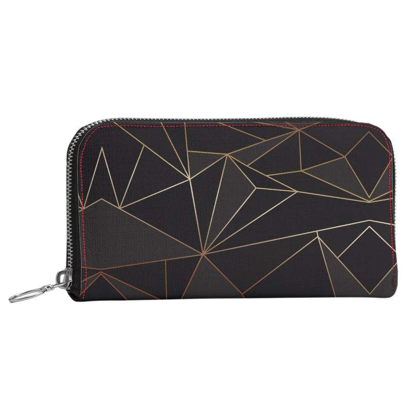 Abstract Black Polygon with Gold Line Leather Zip Wallet by The Photo Access