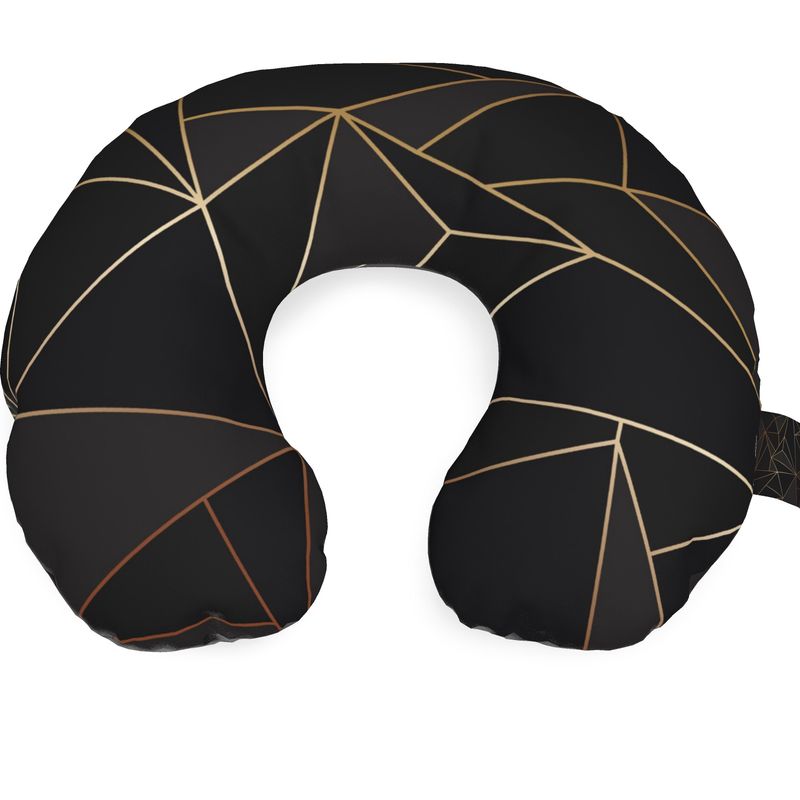 Abstract Black Polygon with Gold Line Travel Neck Pillow by The Photo Access