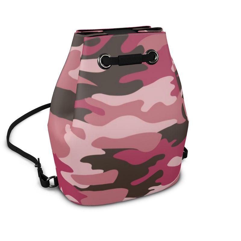 Pink Camouflage Drawstring Bucket Backpack by The Photo Access