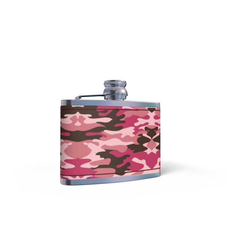 Pink Camouflage Leather Wrapped Hip Flask by The Photo Access