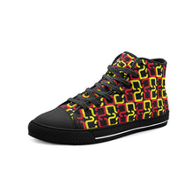 Load image into Gallery viewer, Abstract Red &amp; Yellow Geometric Unisex High Top Canvas Shoes by The Photo Access
