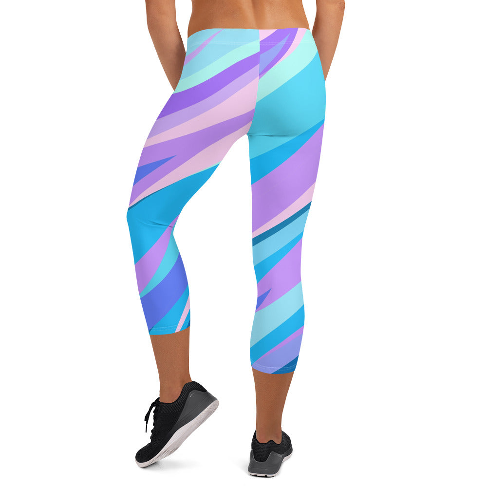 Blue Pink Abstract Eighties Capri Leggings by The Photo Access