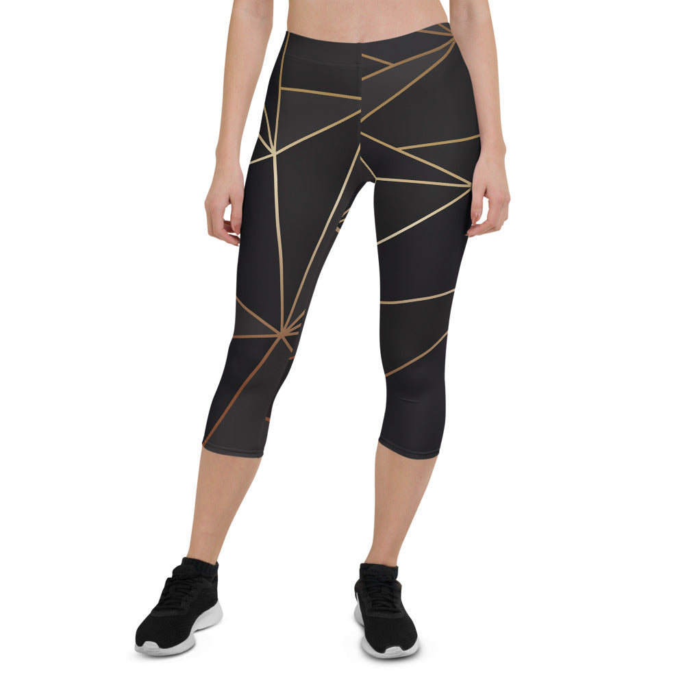 ABSTRACT BLACK POLYGON WITH GOLD LINE CAPRI LEGGINGS BY THE PHOTO ACCESS