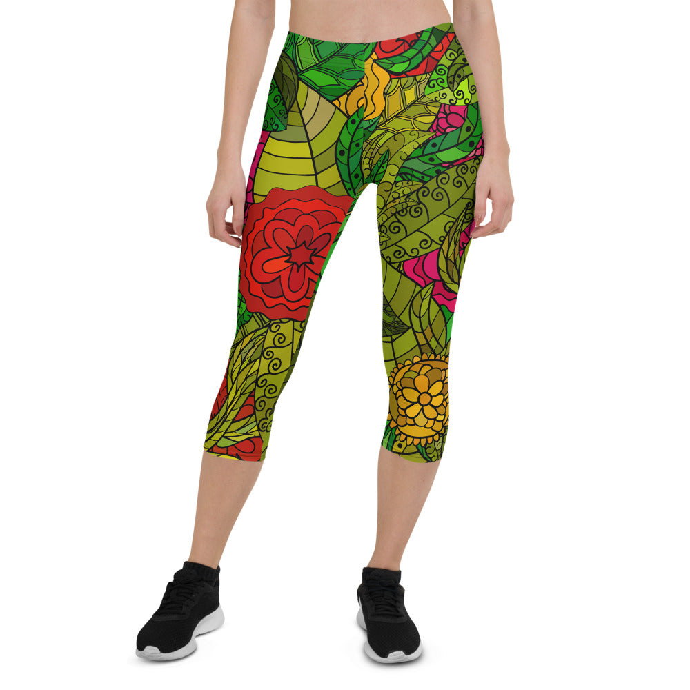 HAND DRAWN FLORAL SEAMLESS PATTERN CAPRI LEGGINGS BY THE PHOTO ACCESS