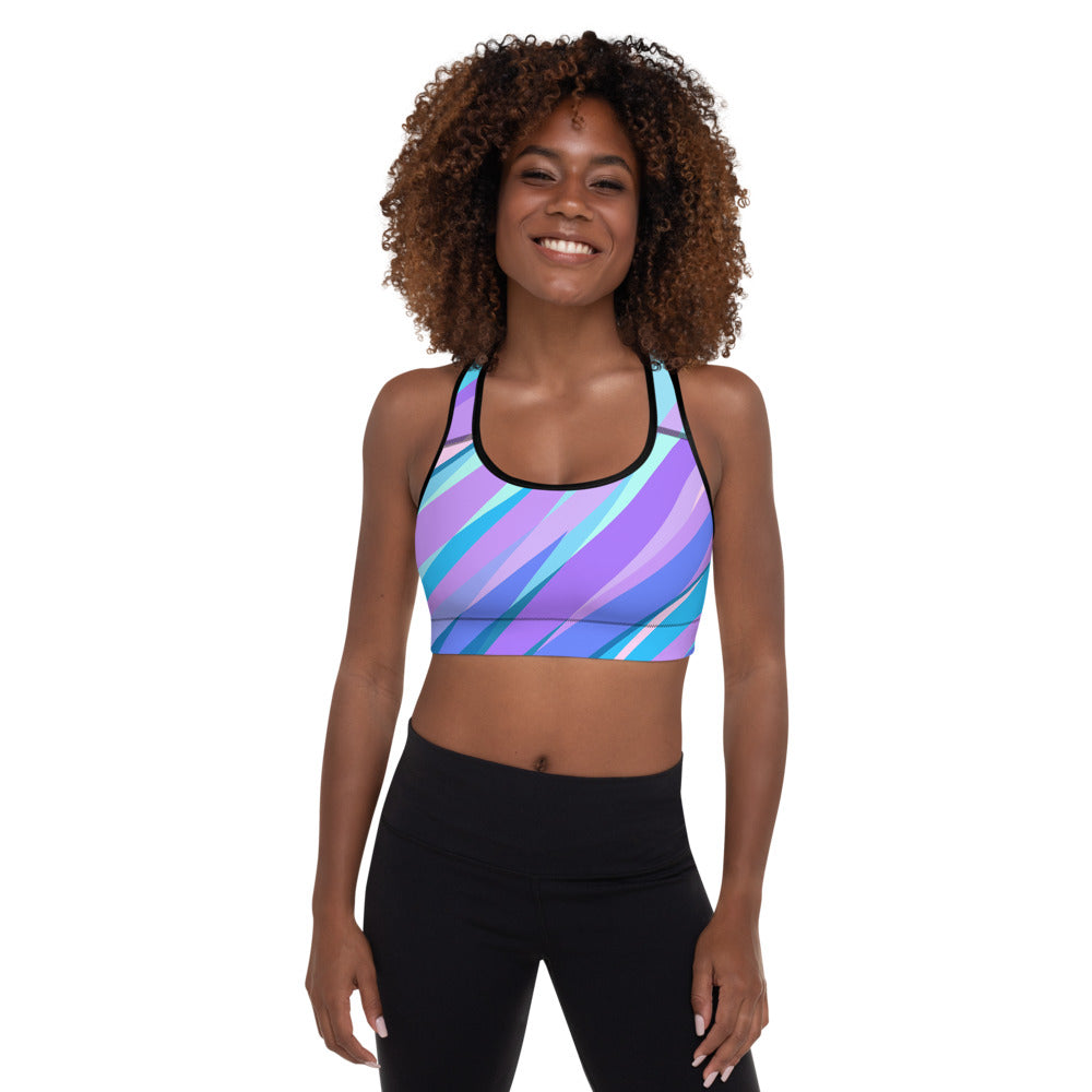 Blue Pink Abstract Eighties Padded Sports Bra by The Photo Access