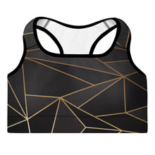 Load image into Gallery viewer, Abstract Black Polygon with Gold Line Padded Sports Bra by The Photo Access
