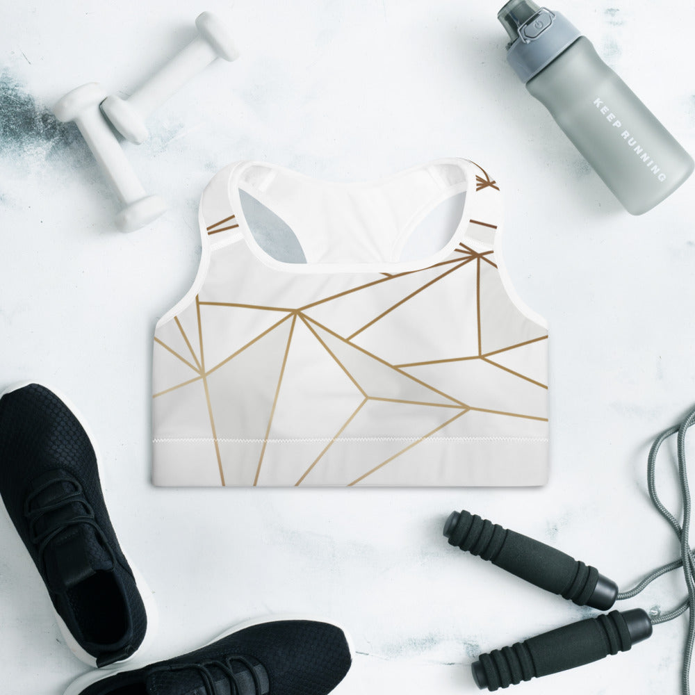 Abstract White Polygon with Gold Line Padded Sports Bra by The Photo Access