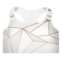 Load image into Gallery viewer, Abstract White Polygon with Gold Line Padded Sports Bra by The Photo Access
