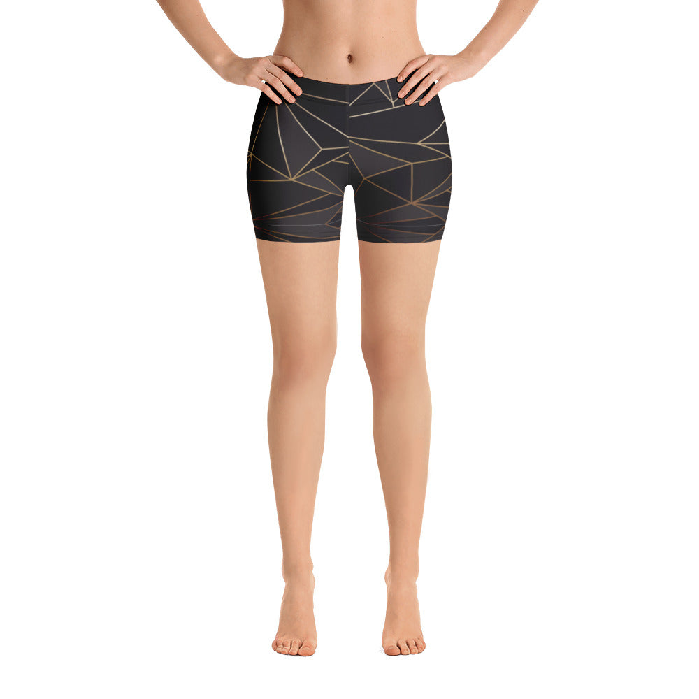 ABSTRACT BLACK POLYGON WITH GOLD LINE SPANDEX SHORTS BY THE PHOTO ACCESS