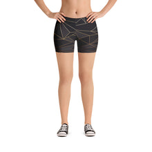Load image into Gallery viewer, ABSTRACT BLACK POLYGON WITH GOLD LINE SPANDEX SHORTS BY THE PHOTO ACCESS
