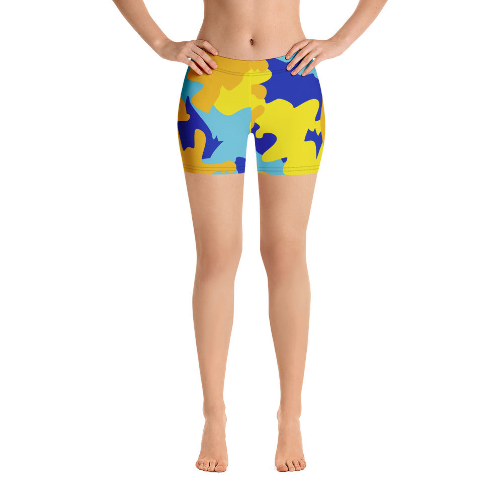 Yellow Blue Neon Camouflage Spandex Shorts by The Photo Access