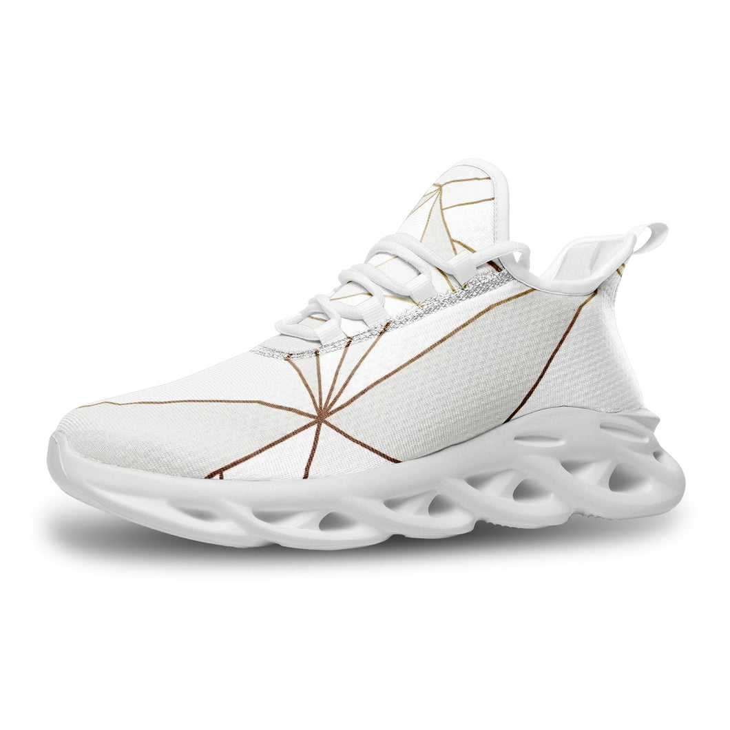 Abstract White Polygon with Gold Line Unisex Bounce Mesh Knit Sneakers by The Photo Access