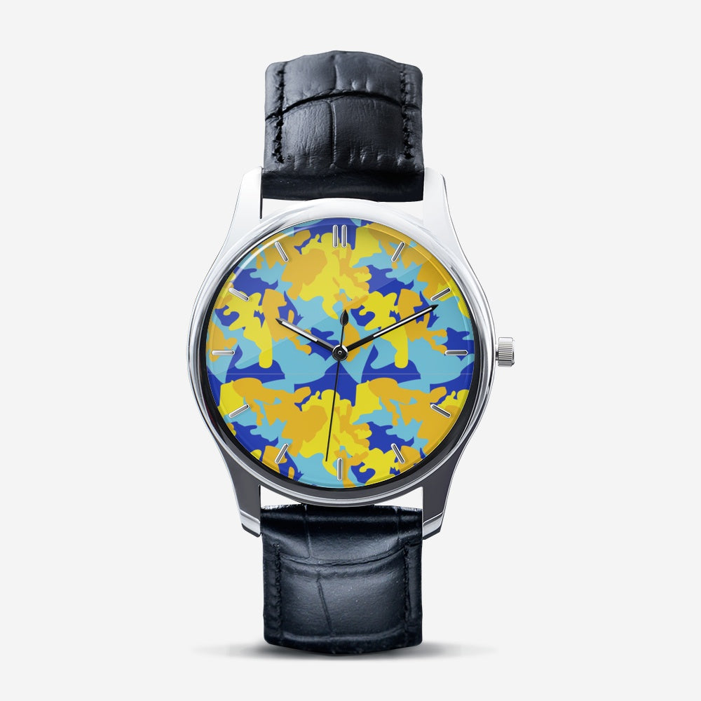 Yellow Blue Neon Camouflage Classic Fashion Unisex Print Silver Quartz Watch by The Photo Access