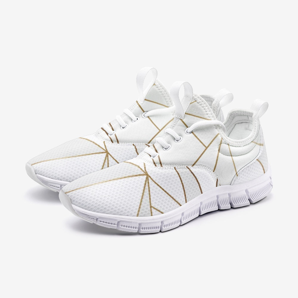 Abstract White Polygon with Gold Line Unisex Lightweight Sneaker City Runner by The Photo Access