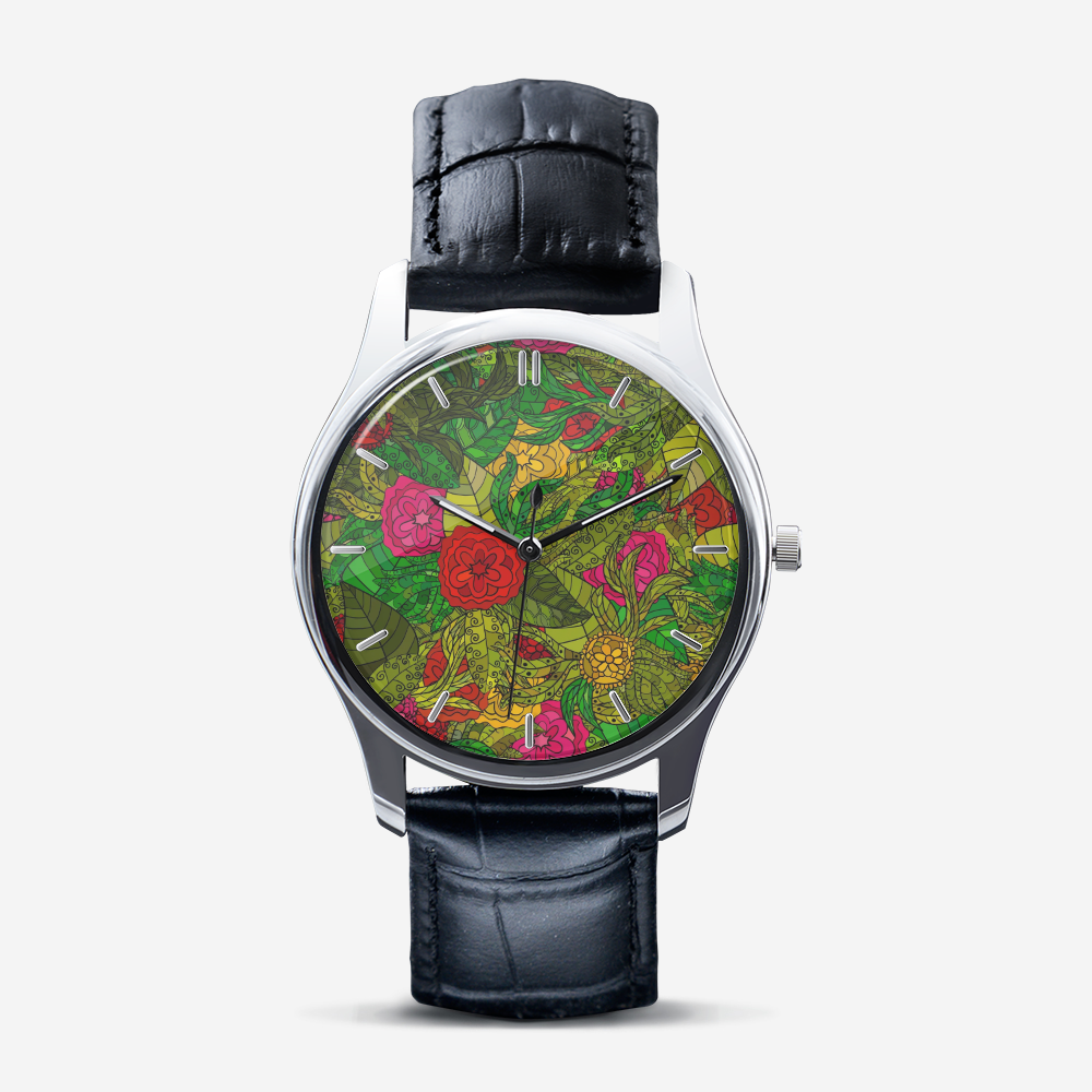 Hand Drawn Floral Seamless Pattern Classic Fashion Unisex Print Silver Quartz Watch Dial by The Photo Access