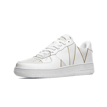 Load image into Gallery viewer, Abstract White Polygon with Gold Line Unisex Low Top Leather Sneakers by The Photo Access
