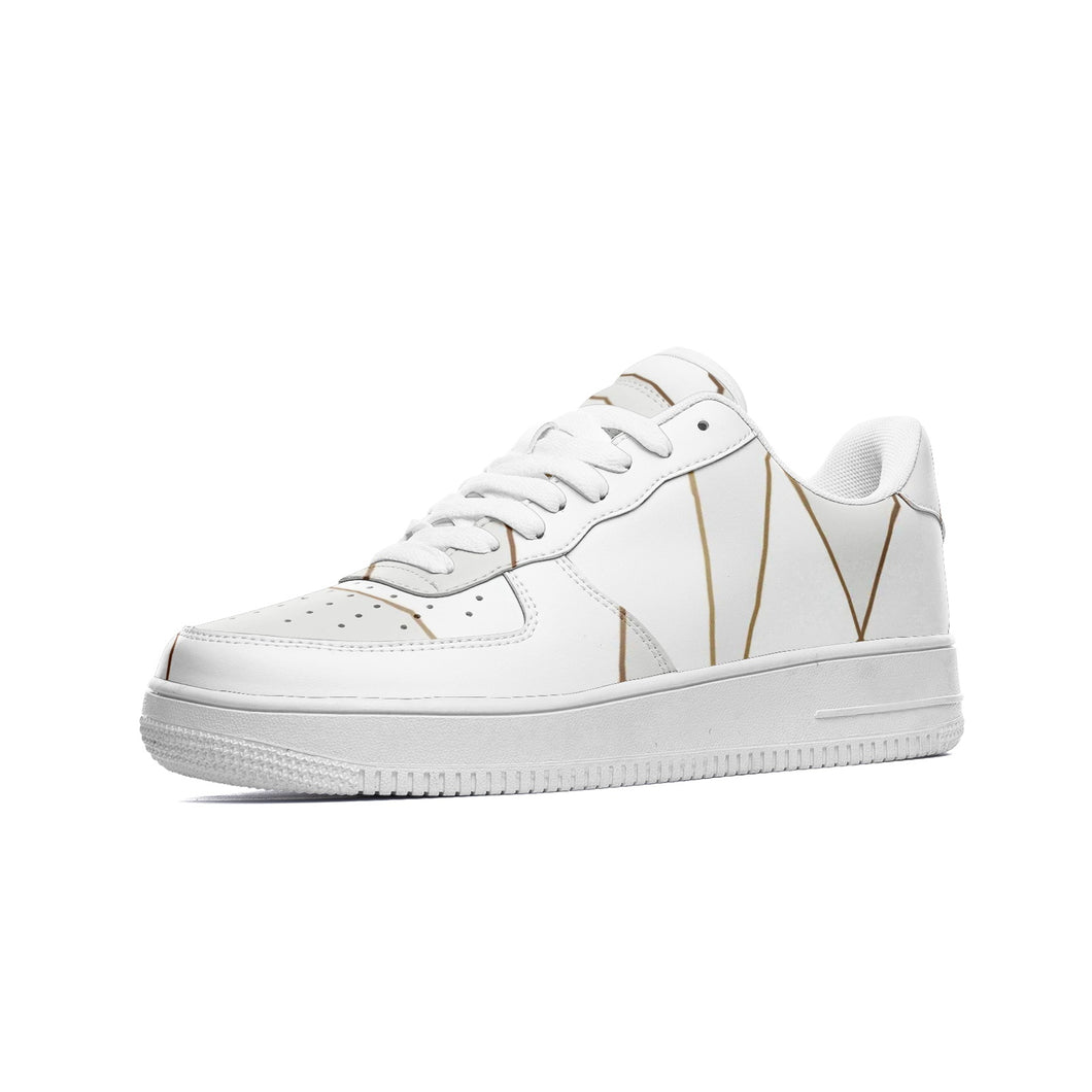 Abstract White Polygon with Gold Line Unisex Low Top Leather Sneakers by The Photo Access
