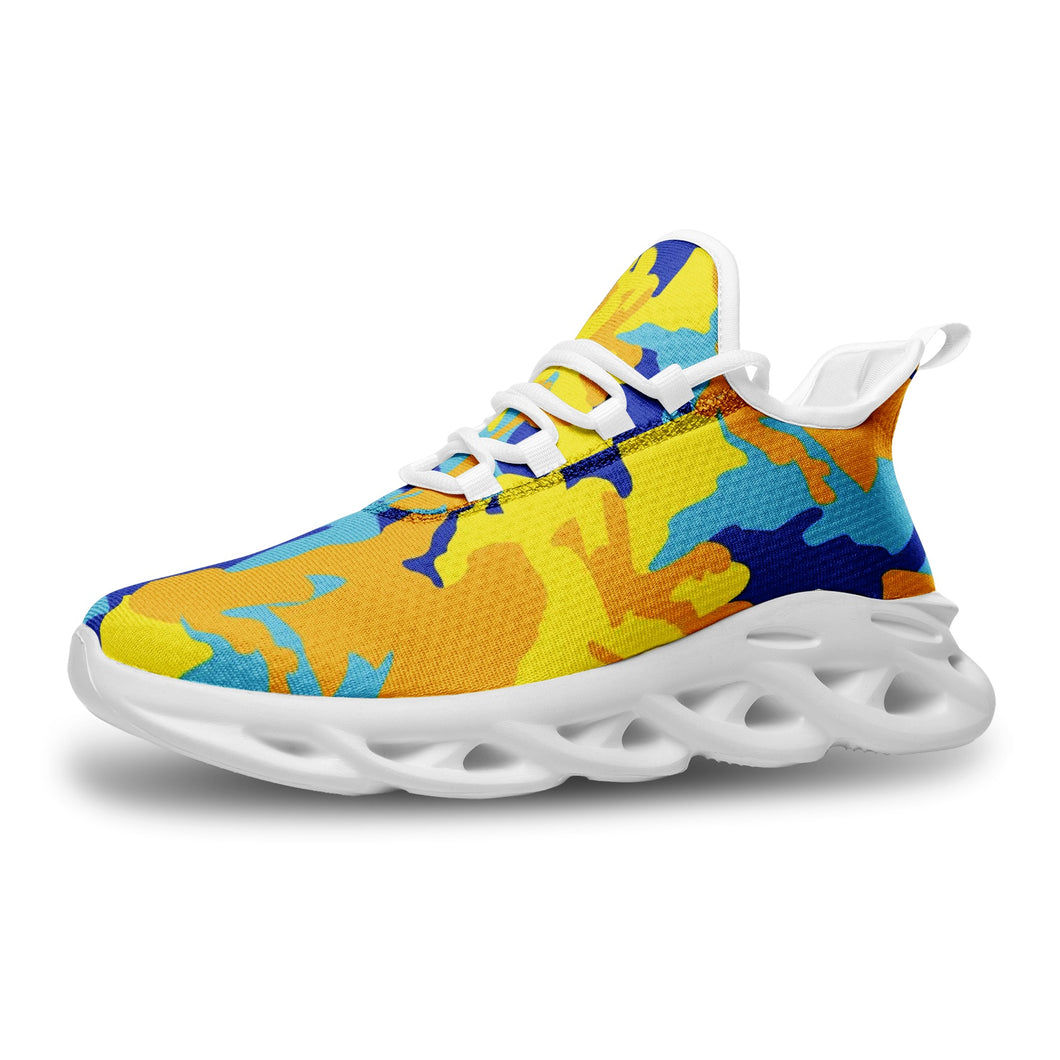 Yellow Blue Neon Camouflage Unisex Bounce Mesh Knit Sneakers by The Photo Access